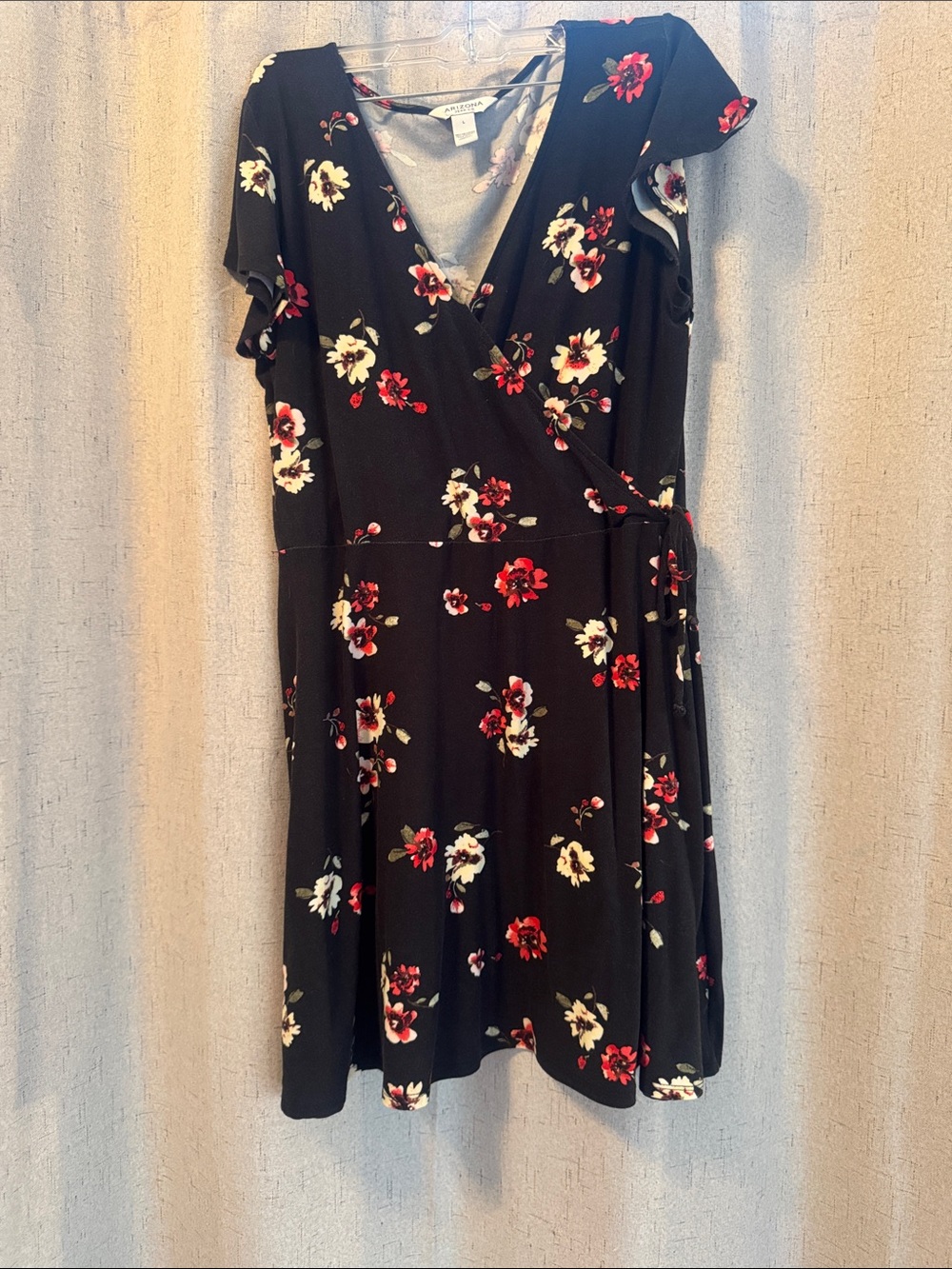 Arizona Jean Company Black Floral Wrap Dress with Red & Cream Flowers